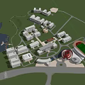 Modern School Campus with Multiple Buildings and Sports Field in Mountainous Green Surroundings