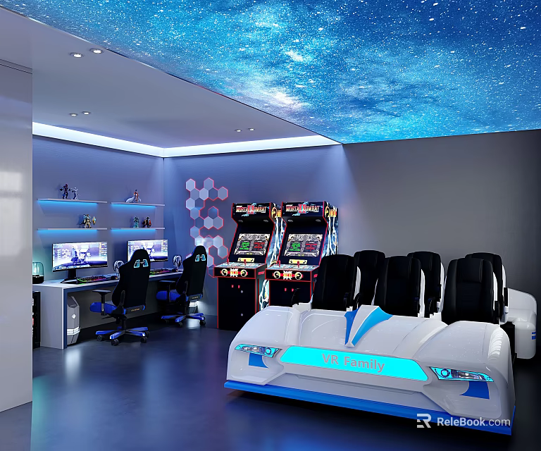 Modern Gaming Entertainment Club With Starry Sky Ceiling Arcade Machines Racing Seats And Computer Stations 3d model 