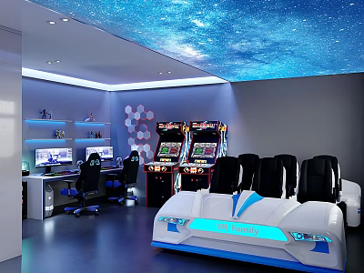 Modern Gaming Entertainment Club With Starry Sky Ceiling Arcade Machines Racing Seats And Computer Stations 3d model