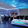 Modern Gaming Entertainment Club With Starry Sky Ceiling Arcade Machines Racing Seats And Computer Stations