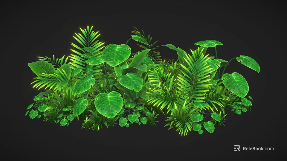 Lush Green Tropical Plants With Various Leaf Shapes Against Dark Background For Natural Decor 3d model 