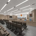 Modern Courtroom Interior With Arranged Seats Judge's Bench Judicial Emblem Wooden Paneling And Lighting