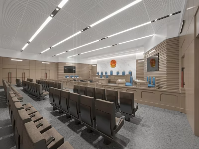 Modern Courtroom Interior With Arranged Seats Judge's Bench Judicial Emblem Wooden Paneling And Lighting 3d model