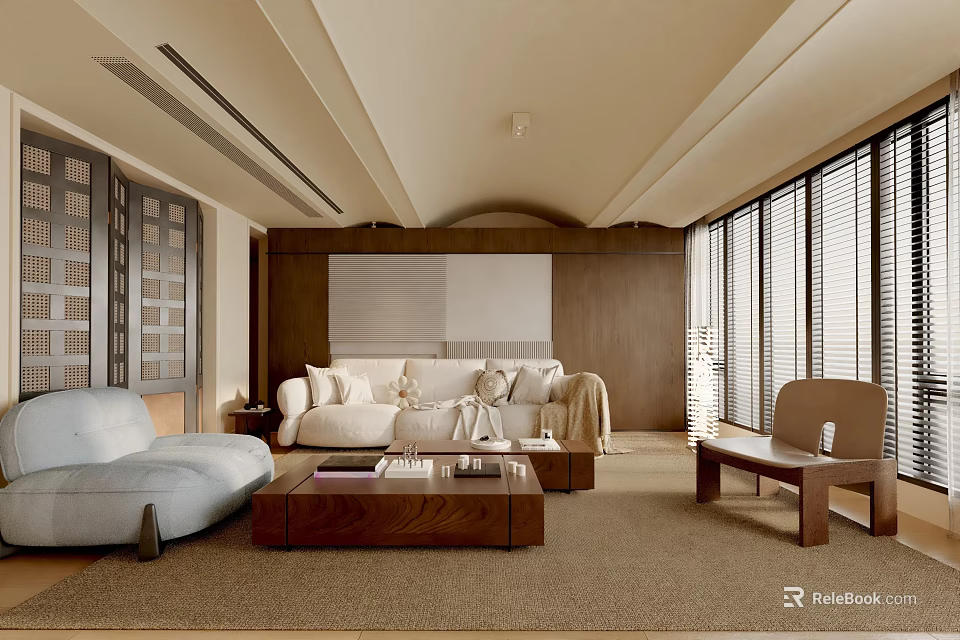 Modern Living Room Interior With Light Gray Beige Sofas Wooden Accents Large Windows And Blinds 3d model 