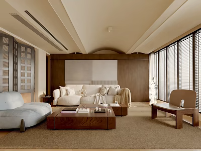 Modern Living Room Interior With Light Gray Beige Sofas Wooden Accents Large Windows And Blinds 3d model