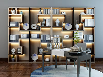 Modern Bookcase with LED Lighting featuring Books Vases Decorative Items beside Table and Potted Plant 3d model