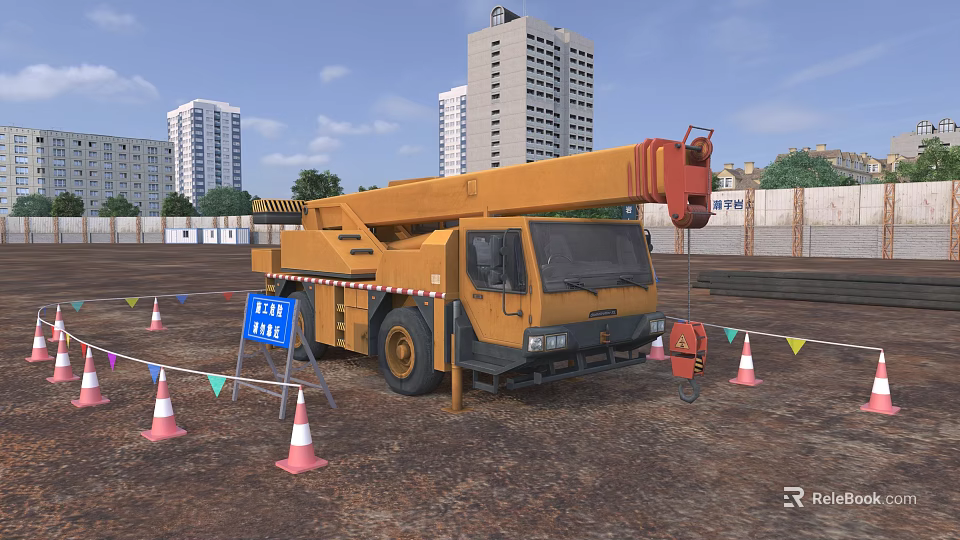 Yellow Crane Truck at Construction Site With Tall Buildings Cones And Clear Area Sign 3d model 