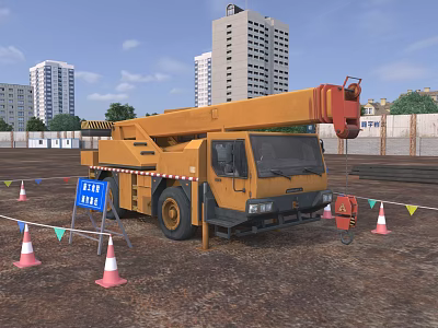 Yellow Crane Truck at Construction Site With Tall Buildings Cones And Clear Area Sign 3d model