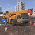 Yellow Crane Truck at Construction Site With Tall Buildings Cones And Clear Area Sign