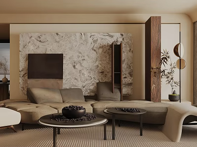 Modern Living Room Interior With Beige Sofa Marble Wall Coffee Tables And Decorative Plants 3d model
