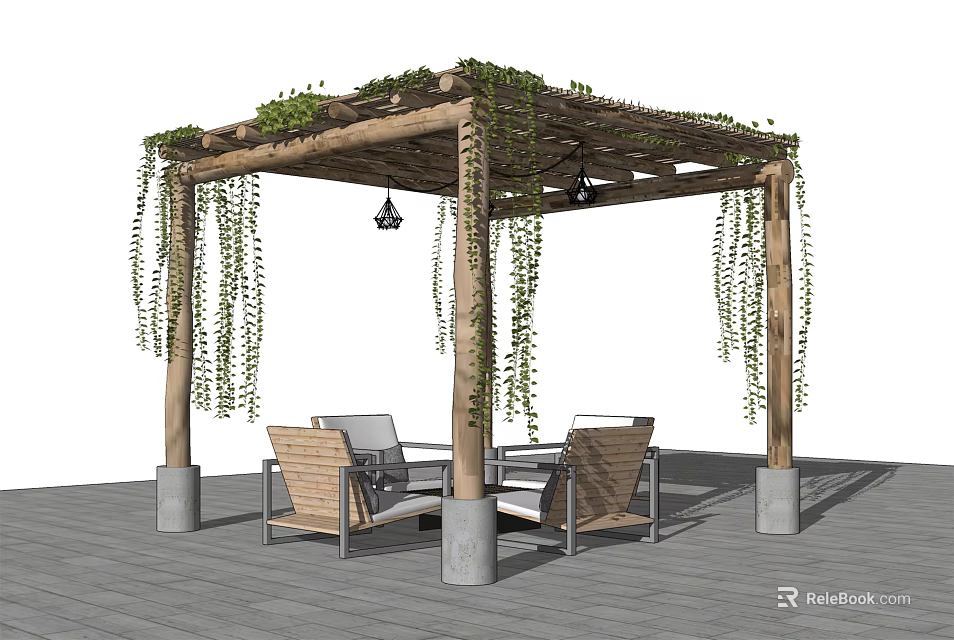 Outdoor Wooden Pergola With Hanging Vines And Patio Furniture For Relaxation Area 3d model 