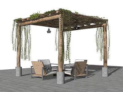 Outdoor Wooden Pergola With Hanging Vines And Patio Furniture For Relaxation Area 3d model