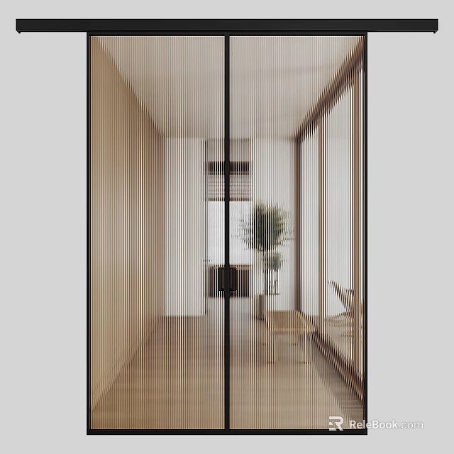 Modern Glass Sliding Doors With Wooden Frames In Bright Interior Hallway With Plant And Chairs 3d model 