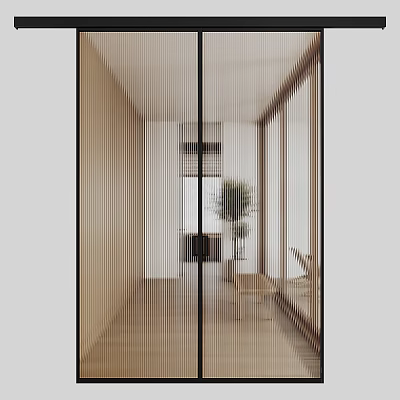 Modern Glass Sliding Doors With Wooden Frames In Bright Interior Hallway With Plant And Chairs 3d model