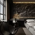 Modern Bedroom Interior Design With Stone Feature Wall And Platform Bed Setup 3d model