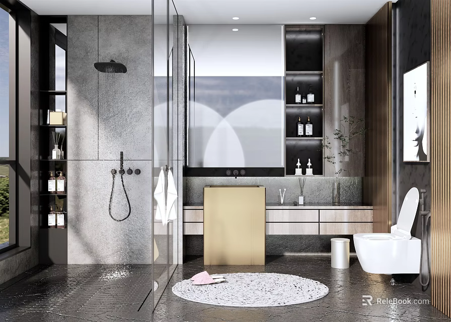Modern Bathroom Interior Design With Glass Shower Marble Walls Wooden Elements And Round Rug 3d model 