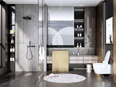 Modern Bathroom Interior Design With Glass Shower Marble Walls Wooden Elements And Round Rug 3d model