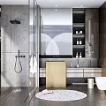 Modern Bathroom Interior Design With Glass Shower Marble Walls Wooden Elements And Round Rug