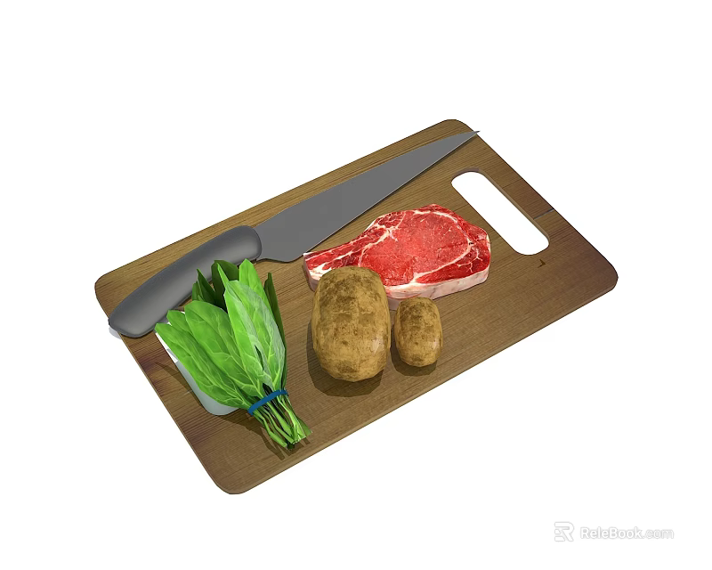 Fresh Vegetables Spinach and Potatoes on a Wooden Cutting Board with Knife 3d model 