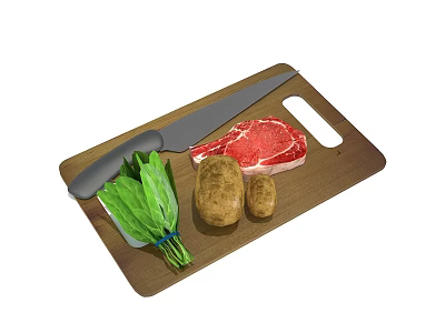 Fresh Vegetables Spinach and Potatoes on a Wooden Cutting Board with Knife 3d model