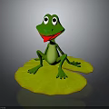 Cartoon Style Green Frog With Big Eyes Sitting On Yellow Lily Pads