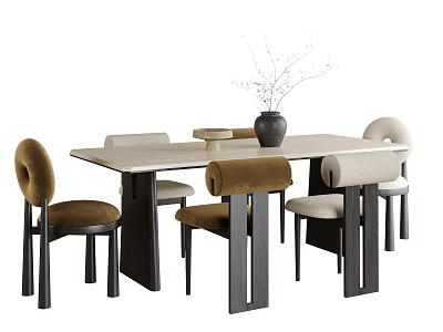 Minimalist Rectangular Table and Chair Set with Brown Beige Round Back Chairs and Vase 3d model