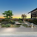 Chinese Style Garden Landscape With Stone Path Green Plants And Wooden Platform