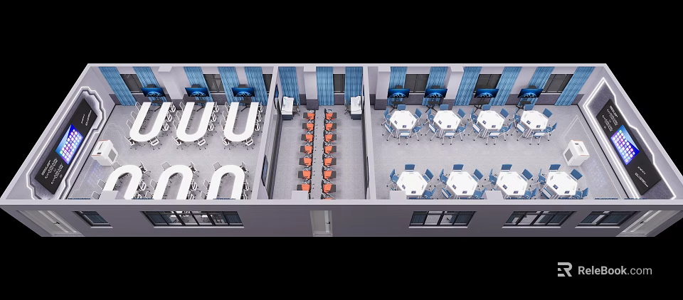 Aerial View Of Dining Interior Space With U Shaped Round Tables Orange Chairs And Window Layout 3d model 