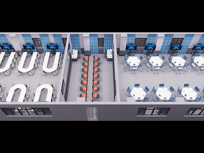 Aerial View Of Dining Interior Space With U Shaped Round Tables Orange Chairs And Window Layout 3d model