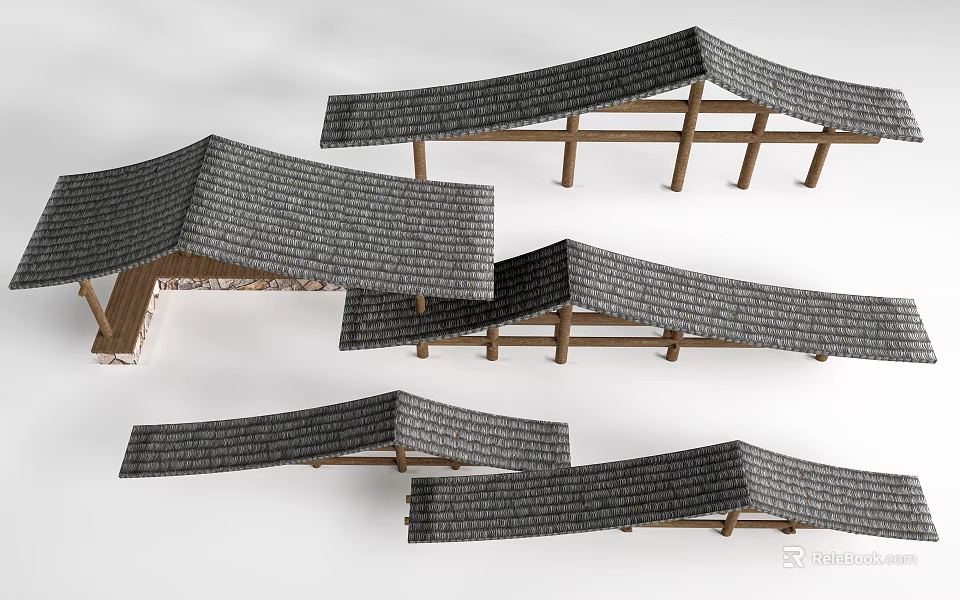 Traditional Chinese Roof Structure With Curved Gray Tiles And Wooden Beams 3d model 