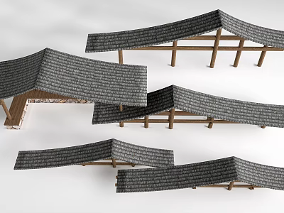 Traditional Chinese Roof Structure With Curved Gray Tiles And Wooden Beams 3d model