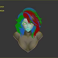 3D Child Female Head Model with Silver Gray Curly Hair Red Eyes and Red Lips on Gray Background