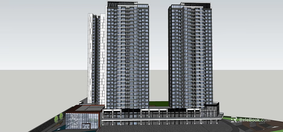 Modern High Rise Buildings Exterior Design With Glass Curtain Walls And Green Space 3d model 