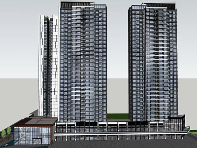 Modern High Rise Buildings Exterior Design With Glass Curtain Walls And Green Space 3d model