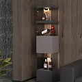 Modern Wine Cabinet Interior Design With Wooden Wall White Shelves Holding Wine Bottles And Glasses