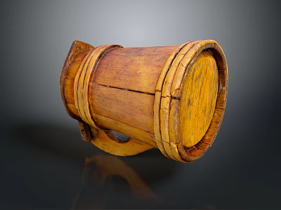 Wooden Wine Barrel With Metal Hoops And Handle On Dark Background With Reflection 3d model