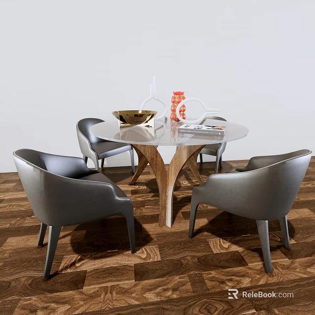 Modern Round Dining Table Set With Grey Leather Chairs And Decorative Tabletop Items 3d model