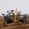 Modern Round Dining Table Set With Grey Leather Chairs And Decorative Tabletop Items 3d model