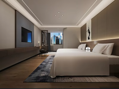 Modern Hotel Room Interior With Twin Beds White Linens Wooden Flooring And City View Window 3d model