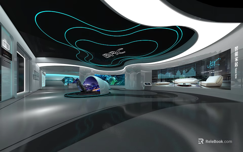 Modern Futuristic Exhibition Hall With Curved Ceiling Blue Lighting Display Screens And Circular Platform 3d model 