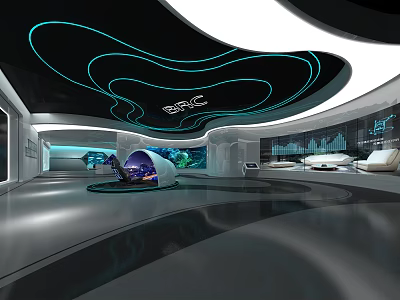 Modern Futuristic Exhibition Hall With Curved Ceiling Blue Lighting Display Screens And Circular Platform 3d model