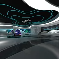 Modern Futuristic Exhibition Hall With Curved Ceiling Blue Lighting Display Screens And Circular Platform