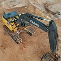 DEERE Yellow Excavator Working On Construction Site With Dirt Ground And Soil Pile