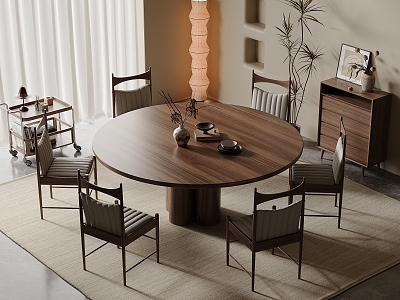 Solid Wood Dining Table and Chair Combination Solid Wood Dining Table and Chair Round Dining Table Restaurant Backrest Dining Chair Sideboard Storage Cabinet Vase Decorative Ornaments Carpet Dried Flowers 3d model