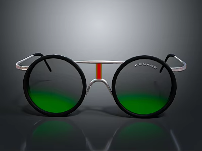 Stylish ONITSUKA Sunglasses With Round Green Tinted Lenses Silver Black Frame And Red Accent Stripe 3d model
