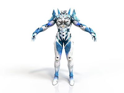 Futuristic Blue And White Tech Inspired Armored Humanoid Figure With Sleek Design Details 3d model