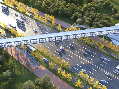 Modern Steel Highway Bridge With Lush Green Trees And Vehicles On Multi Lane Road 3d model