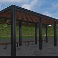 Modern Pergola With Metal Frame Wooden Slatted Roof And Benches In Outdoor Green Space
