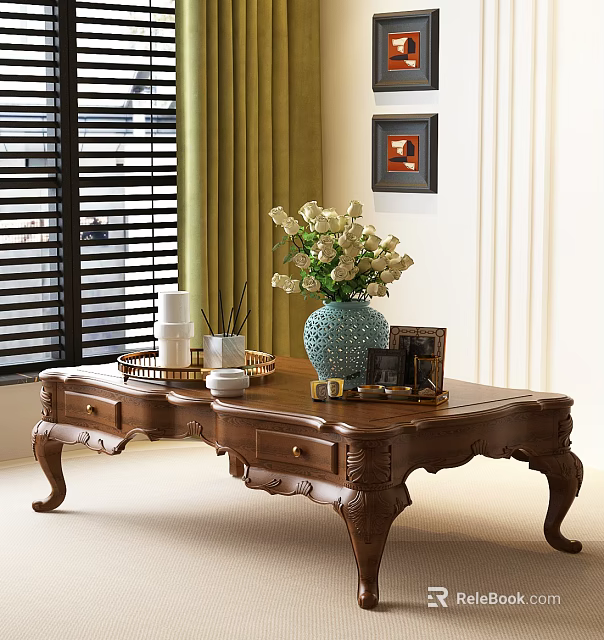 Classic Wooden Coffee Table With Carved Drawers Blue Vase White Flowers Tray And Candles 3d model 