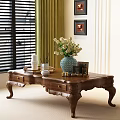 Classic Wooden Coffee Table With Carved Drawers Blue Vase White Flowers Tray And Candles